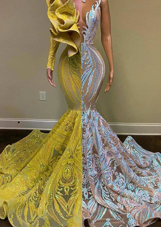 color matching Luxury Dual-Tone Sequin Mermaid Sweetheart Asymmetric-Sleeve Floral-Appliqué Floor-Length Prom Gown