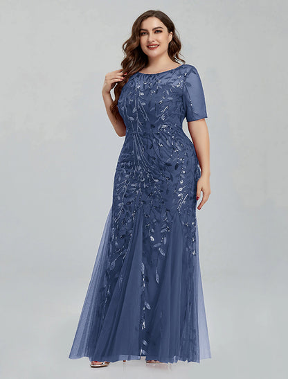 Mermaid / Trumpet Evening Gown Empire Dress Wedding Guest Floor Length Short Sleeve Jewel Neck Bridesmaid Dress Tulle with Embroidery
