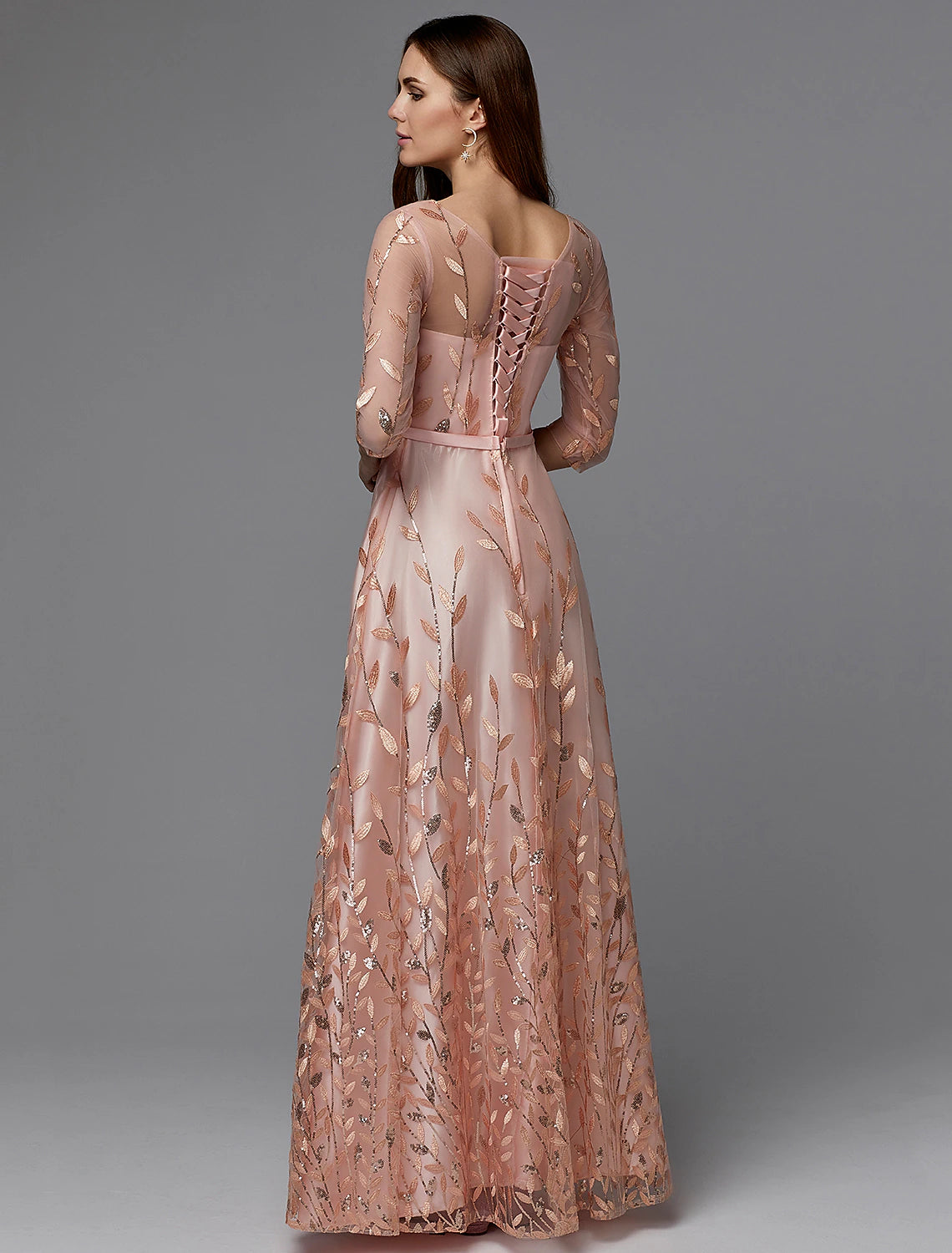 Vestido floral de corte A para invitada de boda, baile de graduación, largo hasta el suelo, manga 3/4, cuello ilusión, vestido de dama de honor de encaje con apliques estampados/patrones