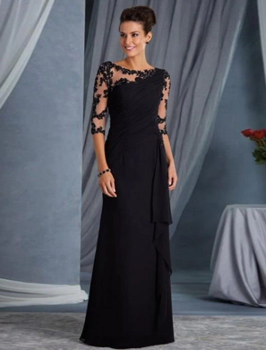 Vestido de noche elegante con corte en forma de columna, largo hasta el suelo, media manga, escote joya, para invitada de boda de otoño, con encaje y apliques