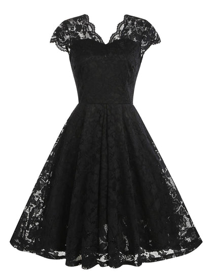 Women's Vintage Dress Party Dress Lace Dress Mini Dress Light Yellow Black Pink Short Sleeve Pure Color Lace Spring Fall Winter V Neck Vintage Christmas Wedding Guest Birthday