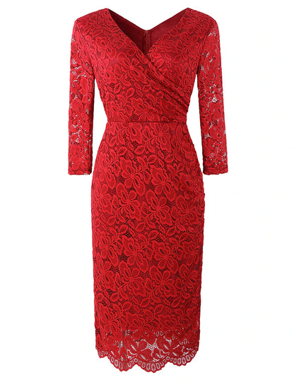 Sheath / Column Cocktail Dresses Vintage Dress Party Wear Knee Length 3/4 Length Sleeve V Neck Fall Wedding Guest Lace with Lace Insert