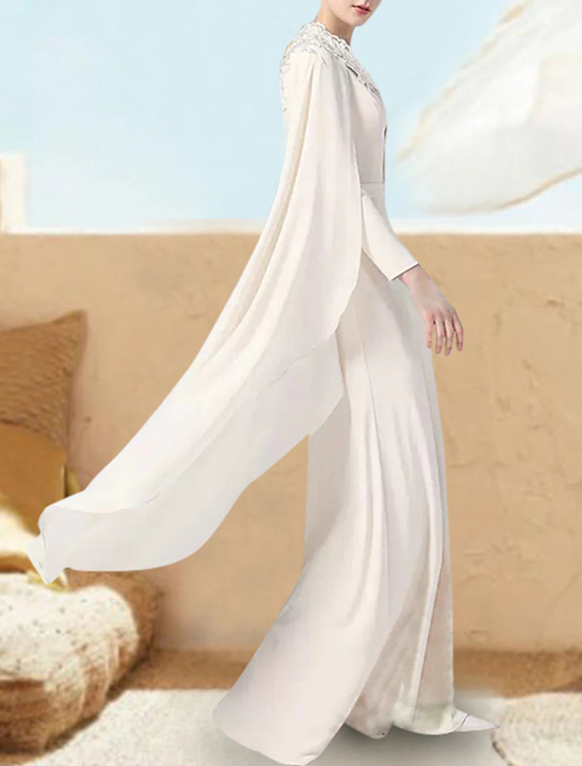 A-Line Prom Dresses Elegant Dress Formal Wedding Guest Floor Length Long Sleeve V Neck Chiffon with Sash / Ribbon Appliques