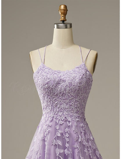 A-Line Prom Dresses Floral Dress Formal Wedding Guest Chapel Train Sleeveless Spaghetti Strap Tulle with Appliques