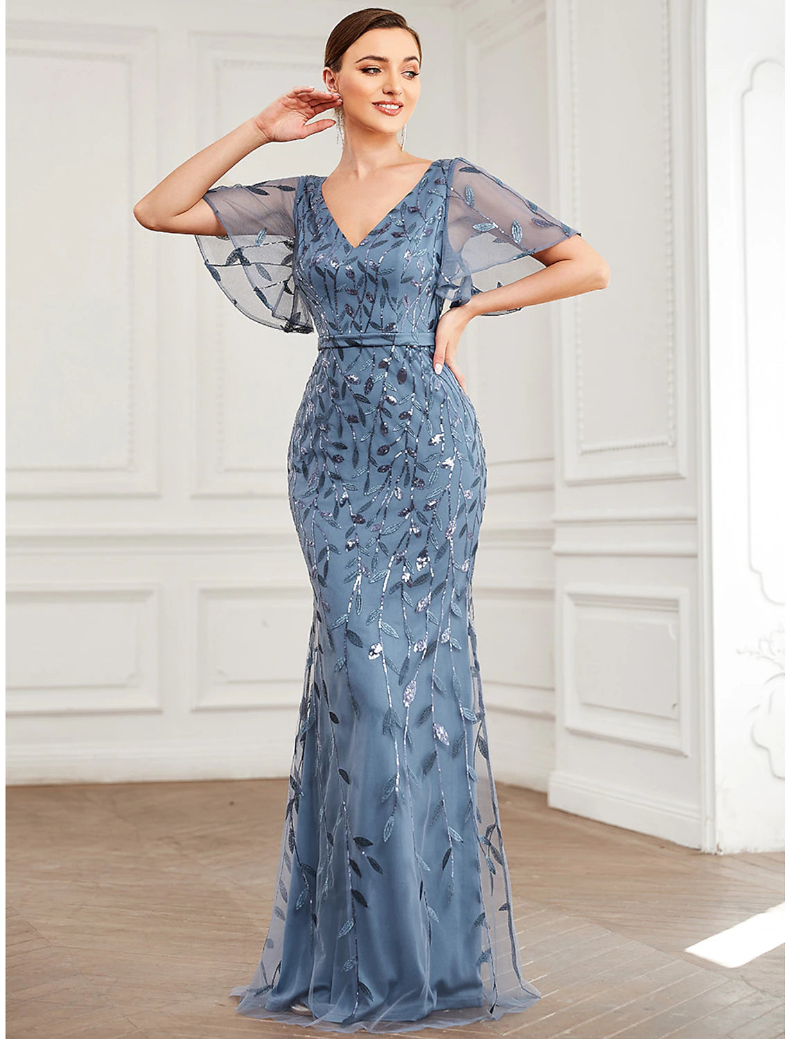 Vestido de noche de sirena/trompeta con brillo, vestido formal de cóctel, fiesta, largo hasta el suelo, manga corta, cuello en V, para invitados de boda de otoño, tul con lentejuelas