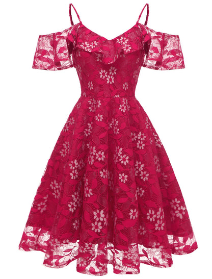 A-Line Cocktail Dresses Vintage Dress Party Wear Knee Length Short Sleeve V Neck Lace with Lace Insert Pattern