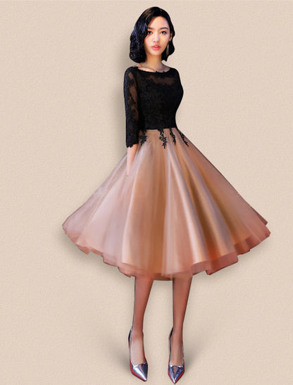 Vestido de cóctel estilo celebridad, corte A, para invitada de boda, escote barco, espalda descubierta, media manga, largo hasta la rodilla, encaje con apliques de encaje