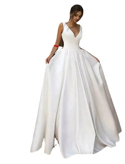 Vestidos de novia formales e informales de recepción, corte A, escote en V, sin mangas, largo hasta el suelo, de satén, con pliegues, color liso, para verano y otoño, para bodas y fiestas.
