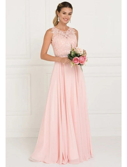 Vestido de dama de honor de corte A, cuello joya, sin mangas, elegante, largo hasta el suelo, cola de tul con encaje, faja y cinta.