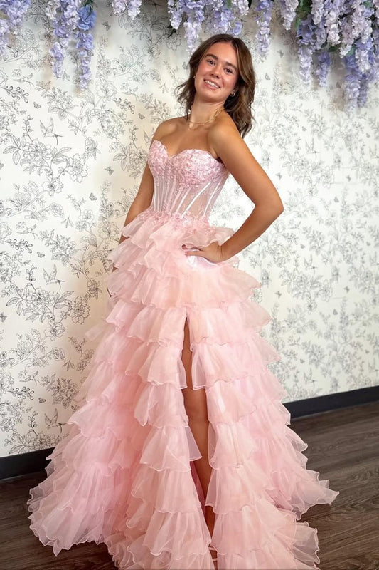 Romantic Strapless Blush Pink Floral Lace Corset Bodice Tiered Ruffle Tulle Gown with Lace-Up Back and Side Slit Prom Dress