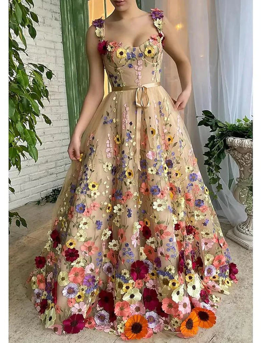 Vestidos de fiesta de corte A, estilo celebridad, formales, para invitados de boda, largos hasta el suelo, sin mangas, tirantes finos, encaje con apliques de estampado floral, hombros descubiertos, flores