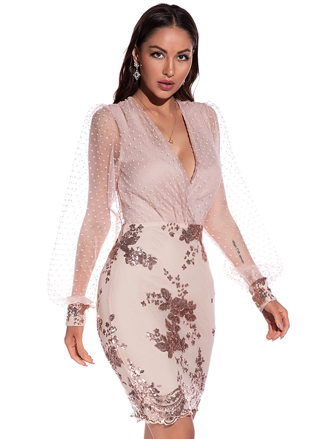 Sheath / Column Sexy bodycon Holiday Party Wear Dress V Neck Long Sleeve Short / Mini Spandex with Sequin Polka Dot