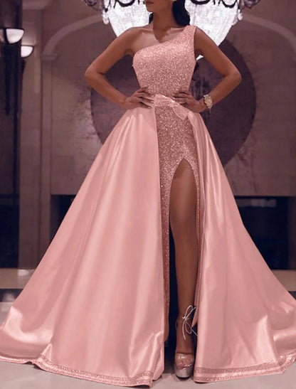Vestido de fiesta con brillo y pedrería para invitados de boda, fiesta de noche, largo hasta el suelo, sin mangas, un hombro, satén desmontable con lazo(s), abertura con lentejuelas