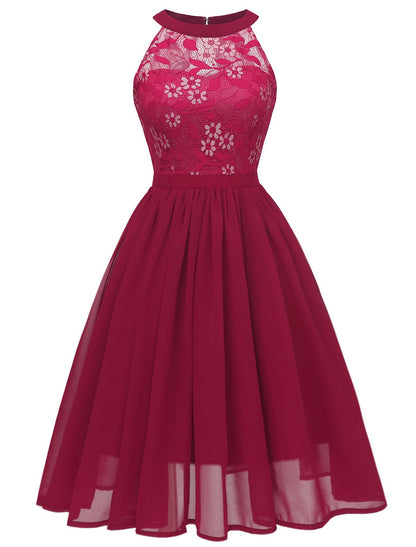 A-Line Cocktail Dresses Vintage Dress Party Wear Knee Length Sleeveless Jewel Neck Lace with Lace Insert Pattern / Print