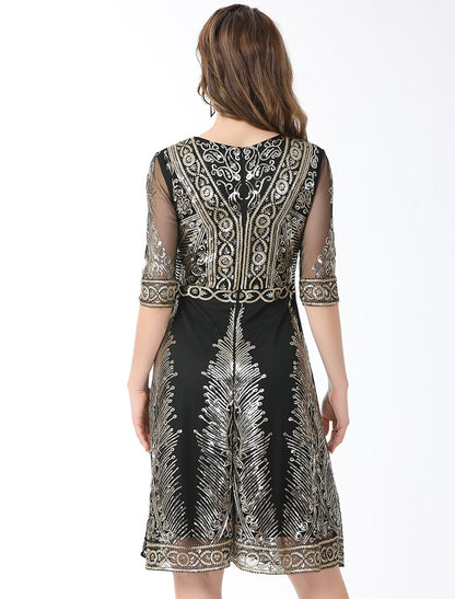 A-Line Elegant Vintage Holiday Party Wear Dress Jewel Neck Half Sleeve Knee Length Cotton Blend with Sequin Splicing