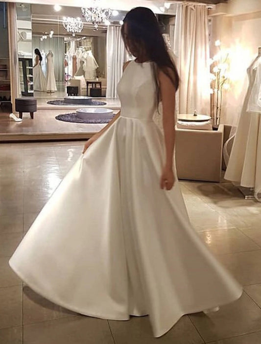 Vestidos de novia casuales de recepción, corte A, escote redondo, sin mangas, cola larga/cortada, de satén, color liso