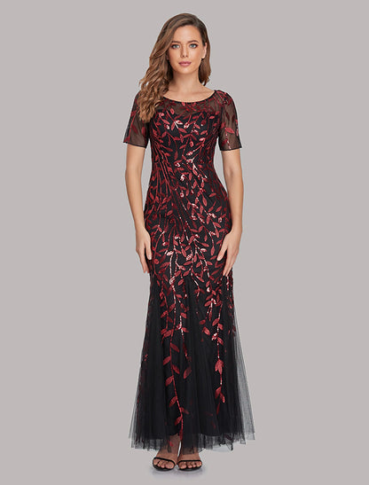 Mermaid / Trumpet Evening Gown Empire Dress Wedding Guest Floor Length Short Sleeve Jewel Neck Bridesmaid Dress Tulle with Embroidery