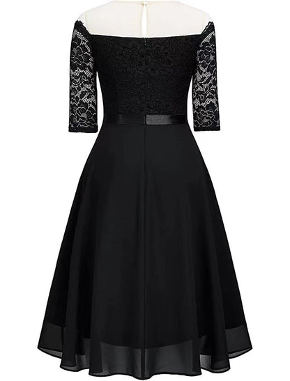 A-Line Cocktail Dresses Vintage Dress Party Wear Cocktail Party Knee Length Half Sleeve Jewel Neck Fall Wedding Guest Lace with Pleats