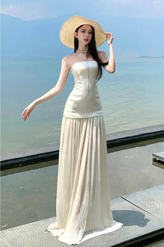 Ivory Sequin Maxi Dresses with Strapless Neckline Pleated Chiffon Skirt for Beach Vacation and Garden Wedding