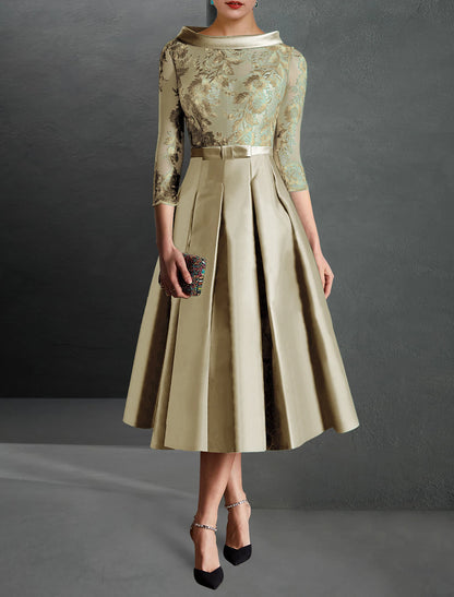 Vestido de cóctel de corte A, rojo y verde navideño, formal, estilo Kentucky Derby, largo hasta la rodilla, manga 3/4, cuello joya, para invitada de boda de otoño, satén con pliegues y apliques.