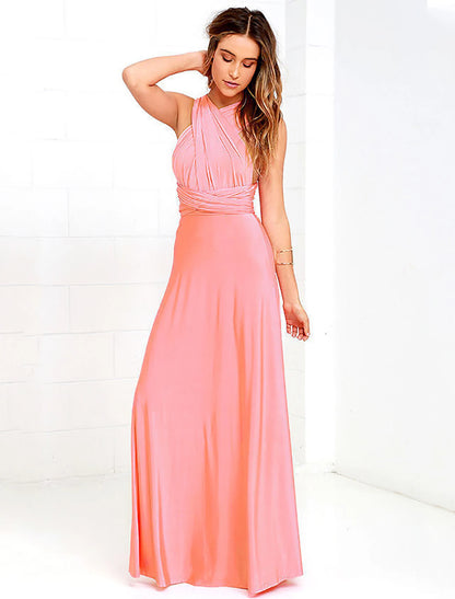 A-Line Bridesmaid Dress Halter / V Neck Sleeveless Convertible Floor Length Spandex with Sash / Ribbon / Pleats