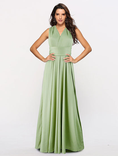 A-Line Convertible Holiday Prom Birthday Dress Halter Neck Backless Crisscross Back V Back Sleeveless Floor Length Stretch Satin with Sash / Ribbon Pleats