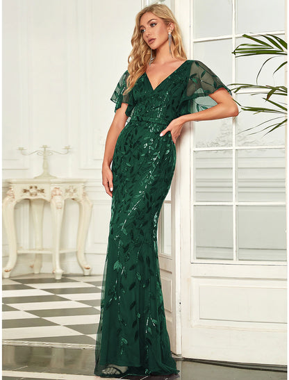 Vestido de noche de sirena/trompeta con brillo, vestido formal de cóctel, fiesta, largo hasta el suelo, manga corta, cuello en V, para invitados de boda de otoño, tul con lentejuelas