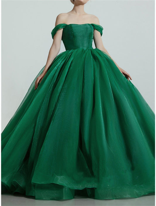 Vestidos de fiesta de lujo, vestido de quinceañera, cola larga, manga corta, hombros descubiertos, organza con pliegues elegantes