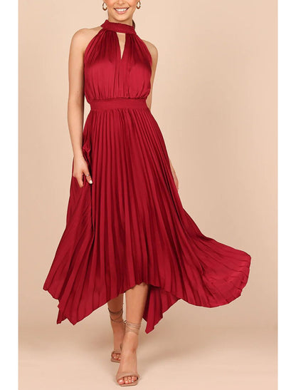 A-Line Party Dresses Casual Dress Homecoming Wedding Guest Asymmetrical Sleeveless Halter Neck Satin with Pleats