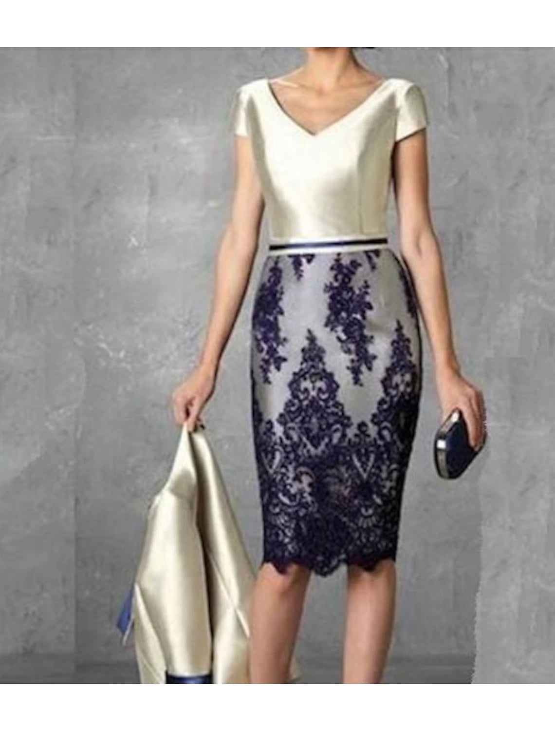 Two Piece Sheath / Column Mother of the Bride Dress Fall Wedding Guest Dresses Church Plus Size Vintage V Neck Knee Length Satin Lace 3/4 Length Sleeve Jacket Dresses with Color Block