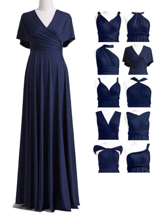 Vestido de dama de honor con corte en V, sin mangas, convertible, largo hasta el suelo, de licra, con pliegues, color liso