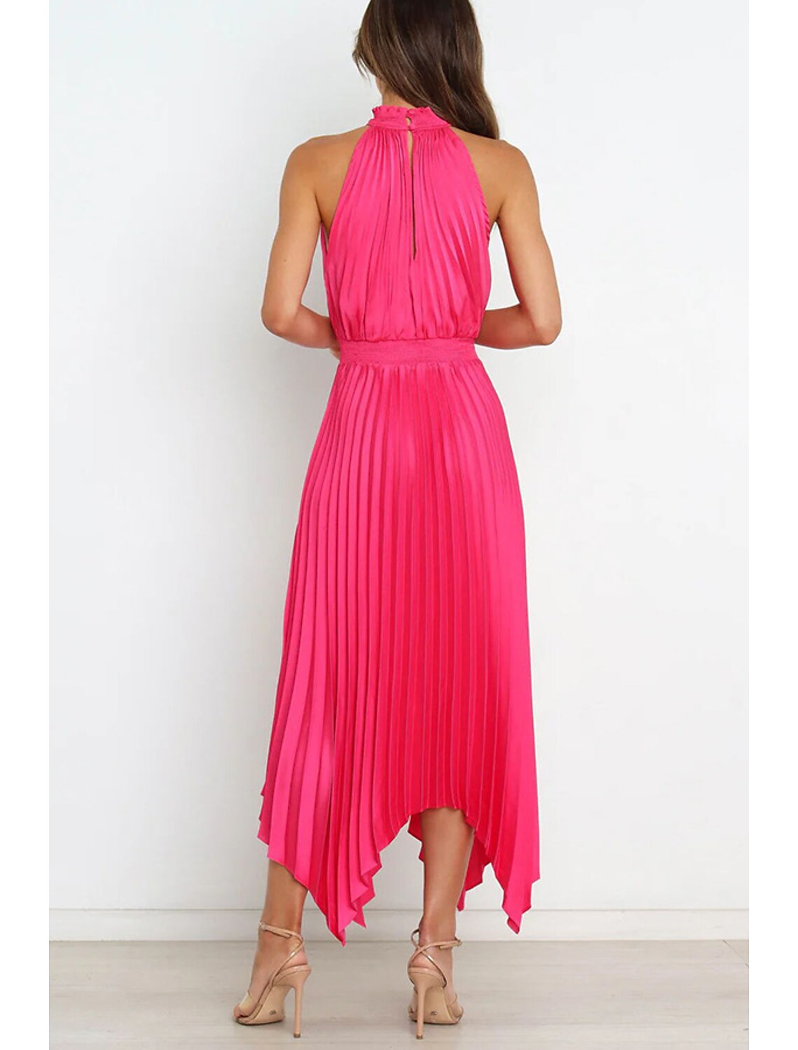 A-Line Party Dresses Casual Dress Homecoming Wedding Guest Asymmetrical Sleeveless Halter Neck Satin with Pleats