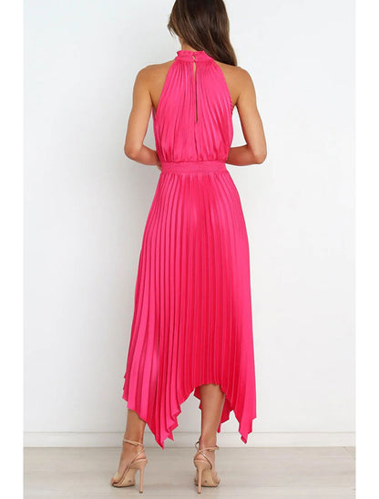 A-Line Party Dresses Casual Dress Homecoming Wedding Guest Asymmetrical Sleeveless Halter Neck Satin with Pleats