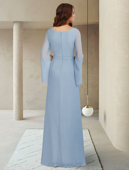 Sheath / Column Mother of the Bride Dress Elegant V Neck Ankle Length Chiffon Long Sleeve with Crystal Brooch Ruching