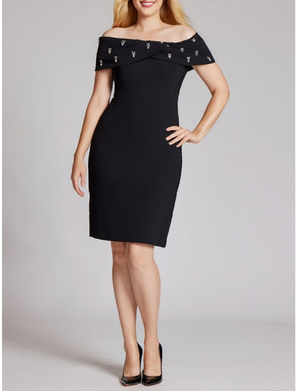 Vestido elegante de fiesta para invitadas de boda, con corte en forma de tubo o columna, largo hasta la rodilla, color negro, manga corta, hombros descubiertos, tejido elástico con cristales.