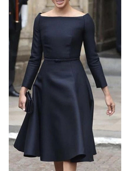 A-Line Mother of the Bride Dress Elegant Simple Jewel Neck Tea Length Knee Length Taffeta Long Sleeve with Sash / Ribbon Solid Color