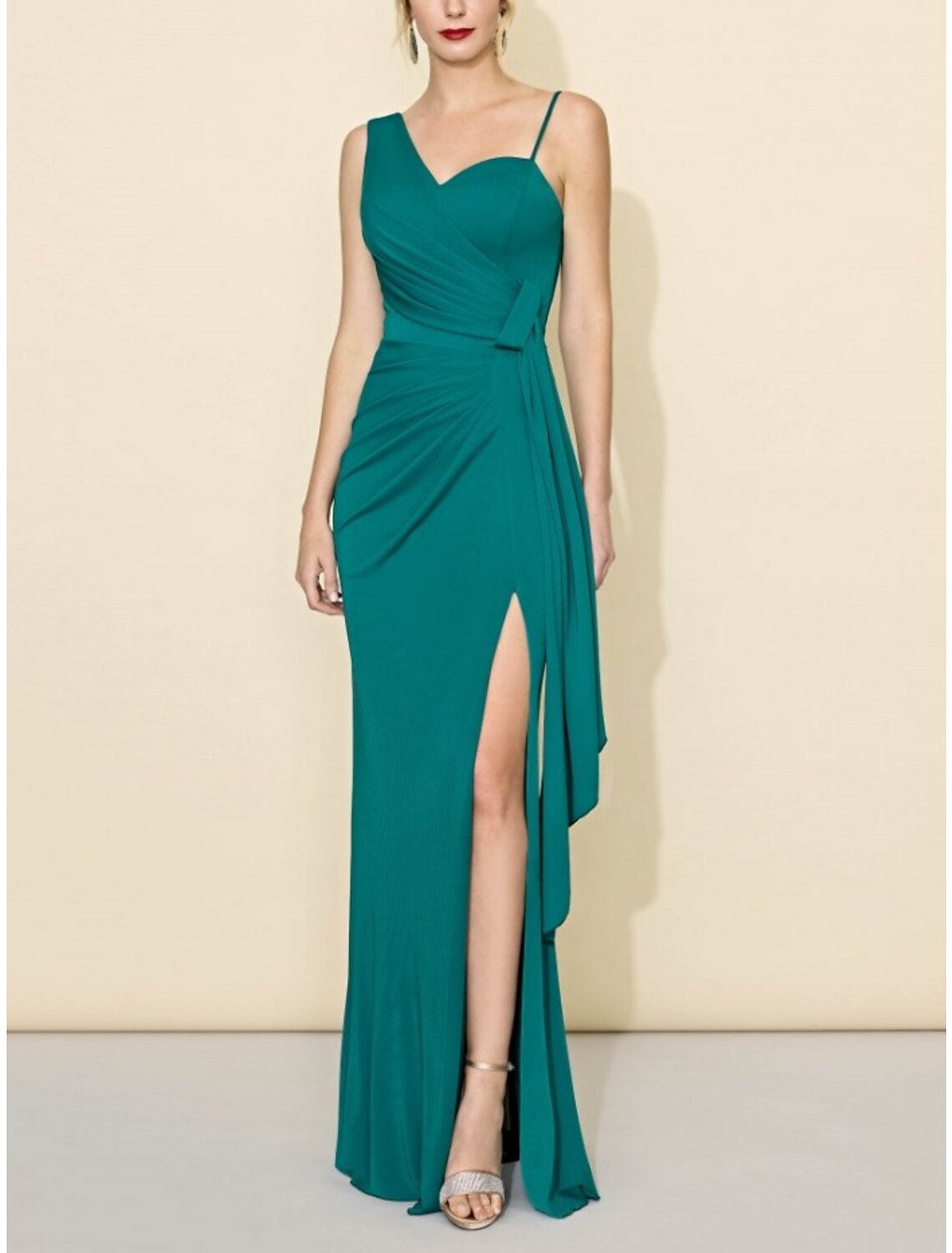 Vestido de dama de honor de corte A, escote en V, sin mangas, elegante, largo hasta el suelo, de gasa con abertura frontal y fruncido