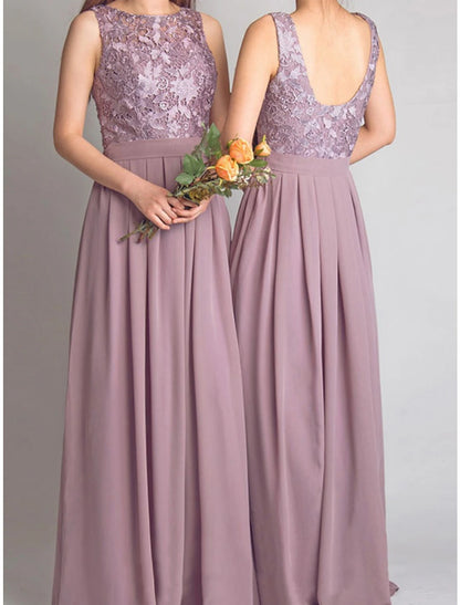 Vestido de dama de honor de corte A, escote redondo, sin mangas, elegante, largo hasta el suelo, de gasa con encaje/fruncido