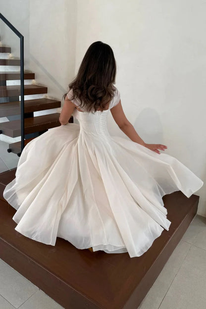 Midi Evening Dresses with Square Neck Tulle Cap Sleeve Corset Bodice and Flared Tulle Skirt