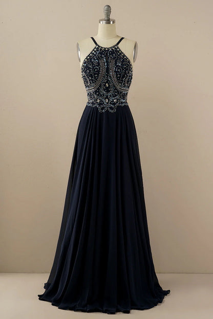 Amzcw Navy A Line Halter Beaded Backless Long Prom Dress prom dresses with long sleeves