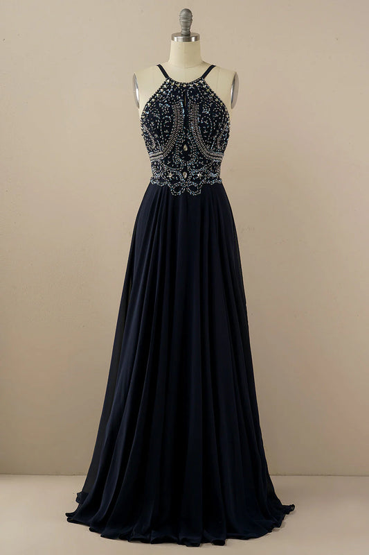 Amzcw Navy A Line Halter Beaded Backless Long Prom Dress prom dresses with long sleeves