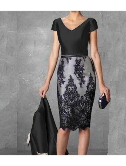 Two Piece Sheath / Column Mother of the Bride Dress Fall Wedding Guest Dresses Church Plus Size Vintage V Neck Knee Length Satin Lace 3/4 Length Sleeve Jacket Dresses with Color Block