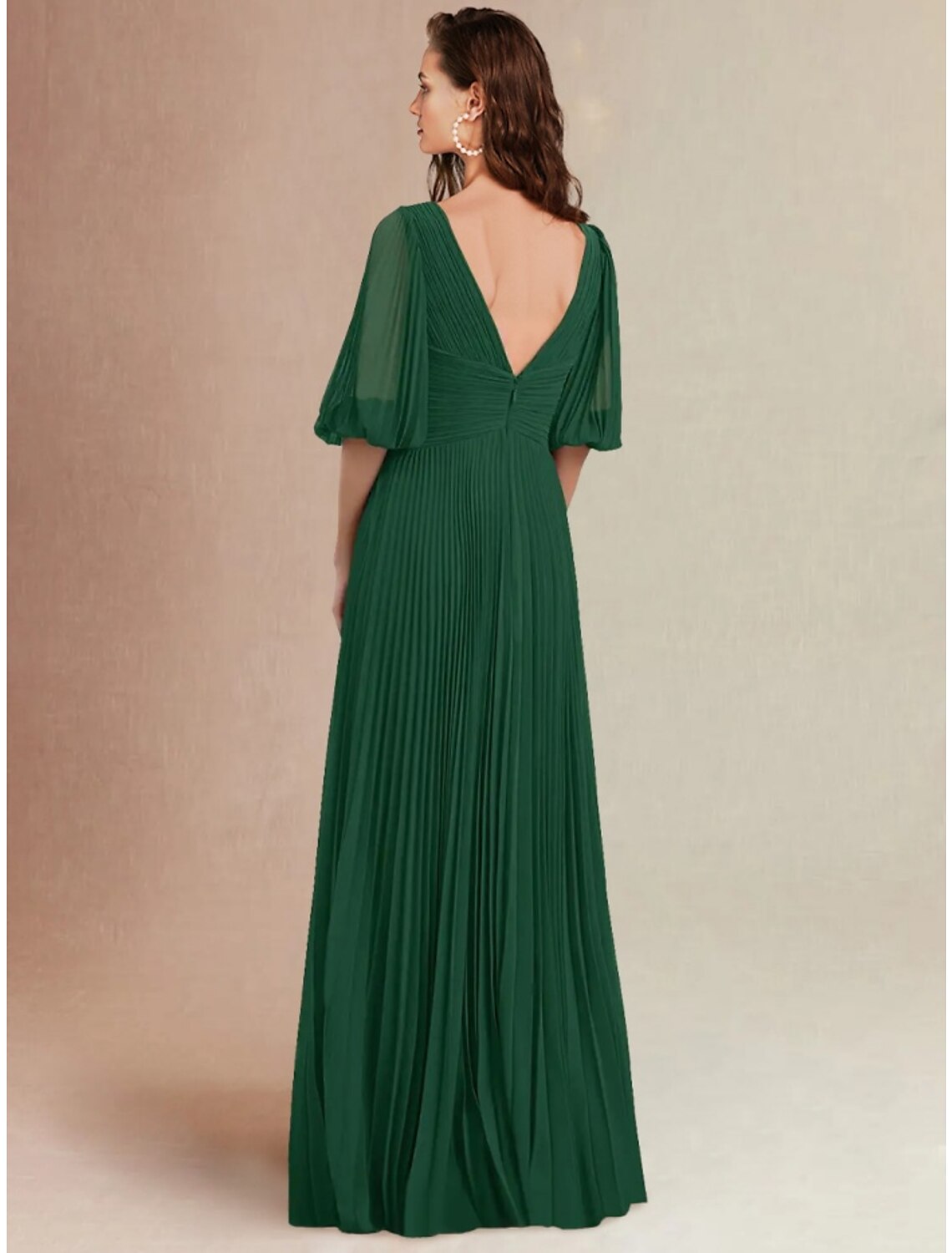 Vestido de dama de honor de corte A, escote en V, media manga, elegante, largo hasta el suelo, de gasa con abertura frontal y fruncido