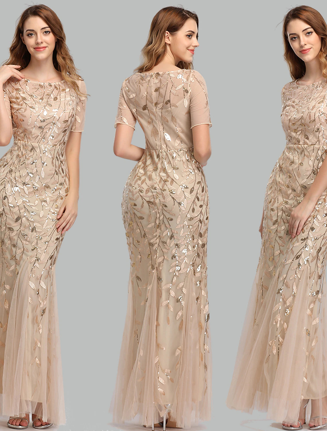 Mermaid / Trumpet Evening Gown Empire Dress Prom Formal Evening Floor Length Short Sleeve Jewel Neck Fall Wedding Guest Tulle with Embroidery