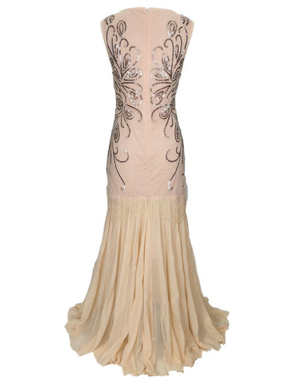 A-Line Evening Gown Vintage Dress Holiday Floor Length Sleeveless Jewel Neck Cotton Blend with Sequin Splicing