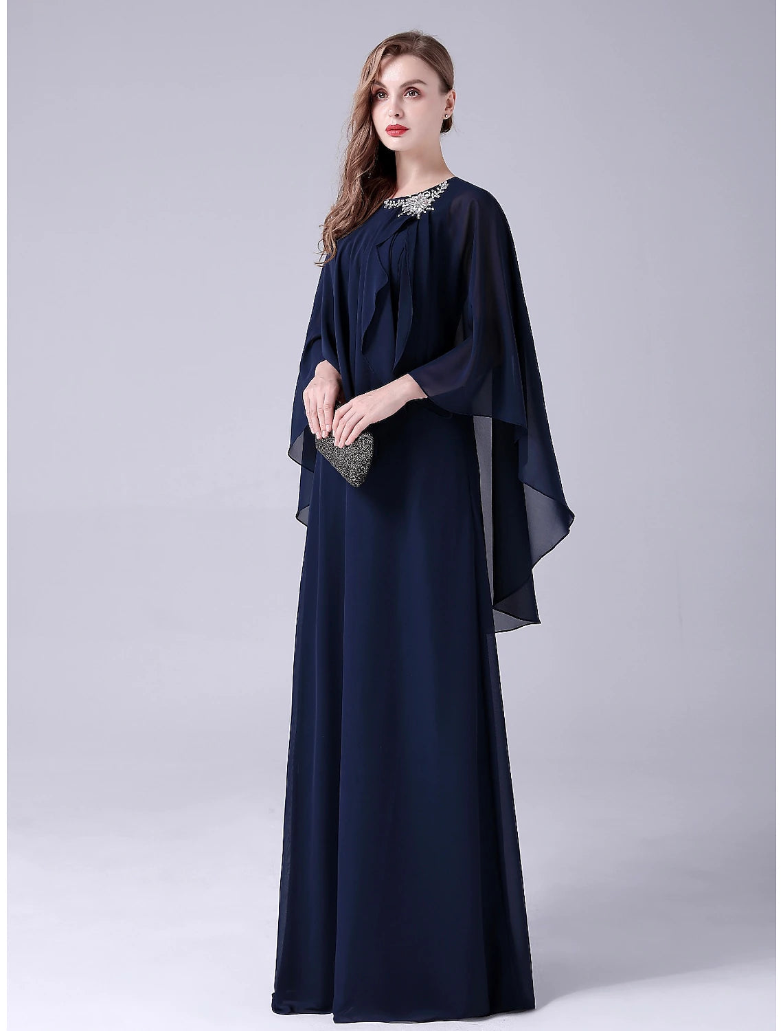 A-Line Mother of the Bride Dress Elegant Sweet Jewel Neck Floor Length Chiffon Sleeveless with Crystals Draping