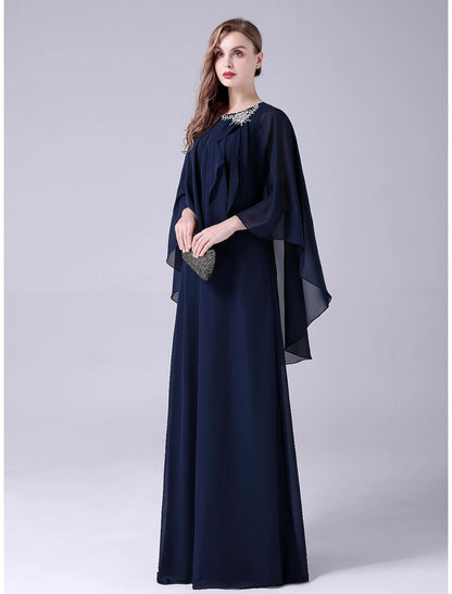 A-Line Mother of the Bride Dress Elegant Sweet Jewel Neck Floor Length Chiffon Sleeveless with Crystals Draping