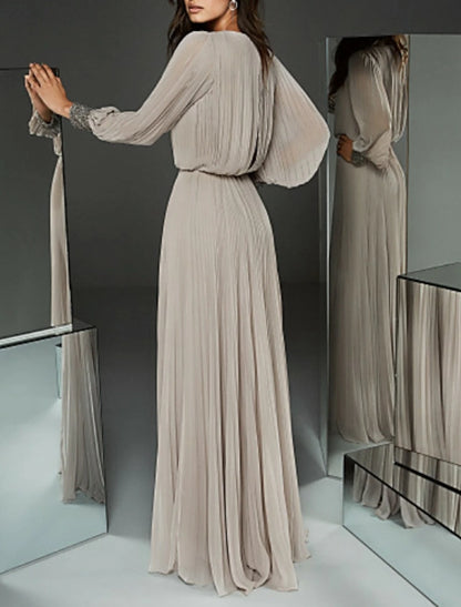 A-Line Mother of the Bride Dress Elegant & Luxurious Jewel Neck Floor Length Chiffon Long Sleeve with Buttons Pleats Beading