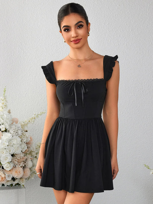 Romantic A-Line Square Neck Ruffled Sleeve Open Back Mini Homecoming Dresses