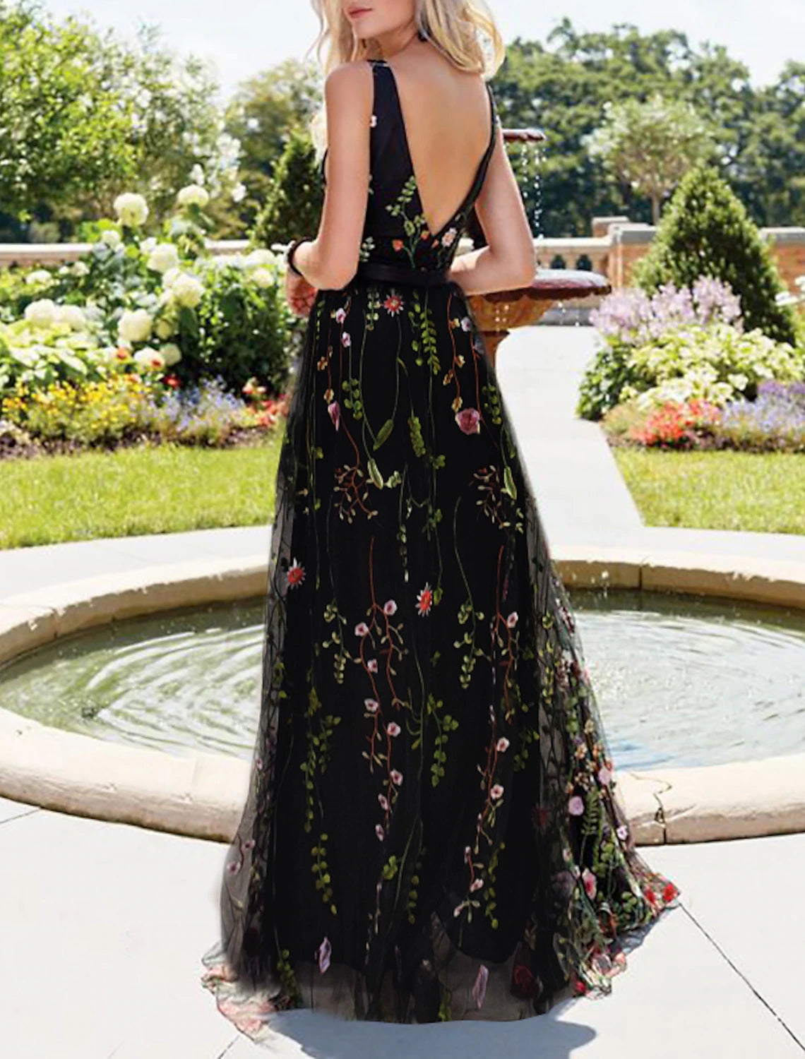 Vestidos para ocasiones especiales de corte A, estilo imperio, para bodas, fiestas, invitados, largo hasta el suelo, sin mangas, escote en V, organza, espalda en V con estampado/estampado